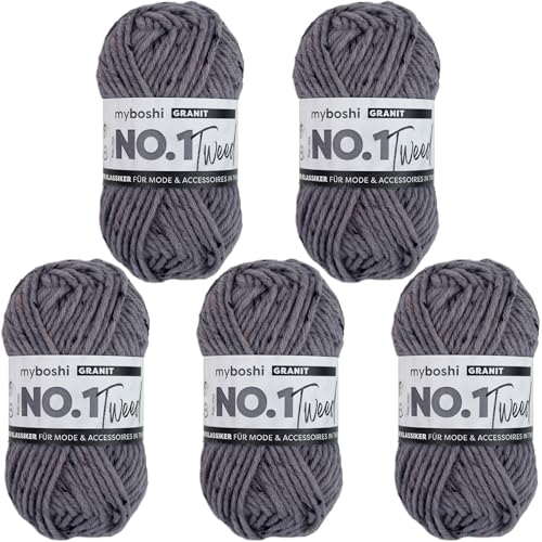 myboshi No.1 Tweed, zum Häkeln und Stricken, Schnellstrickgarn, mulesing-freie Mützenwolle, Strickwolle, Häkelwolle, 50g, Ll 55m Grau (Granit) 5 Knäuel von myboshi