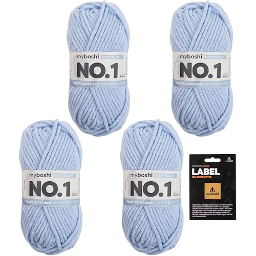 myboshi No.1 Wolle zum Häkeln und Stricken, Schnellstrickgarn, inkl. Label, Strickwolle, Häkelwolle, mulesing-frei, Ll. 55m /50g, 30% Wolle (Merinowolle) Blau (Babyblau) 4 Knäuel von myboshi