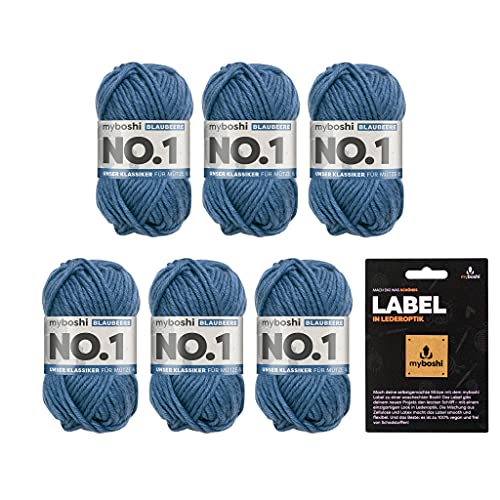 myboshi No.1 Wolle zum Häkeln und Stricken, Schnellstrickgarn, inkl. Label, Strickwolle, Häkelwolle, mulesing-frei, Ll. 55m /50g, 30% Wolle (Merinowolle) Blau (Blaubeere), 6 Knäuel von myboshi