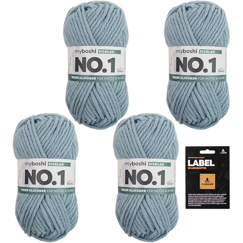 myboshi No.1 Wolle zum Häkeln und Stricken, Schnellstrickgarn, inkl. Label, Strickwolle, Häkelwolle, mulesing-frei, Ll. 55m /50g, 30% Wolle (Merinowolle) Blau (Eisblau) 4 Knäuel von myboshi