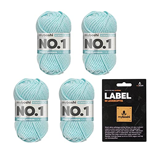 myboshi No.1 Wolle zum Häkeln und Stricken, Schnellstrickgarn, inkl. Label, Strickwolle, Häkelwolle, mulesing-frei, Ll. 55m /50g, 30% Wolle (Merinowolle) Blau (Himmelblau), 4 Knäuel von myboshi