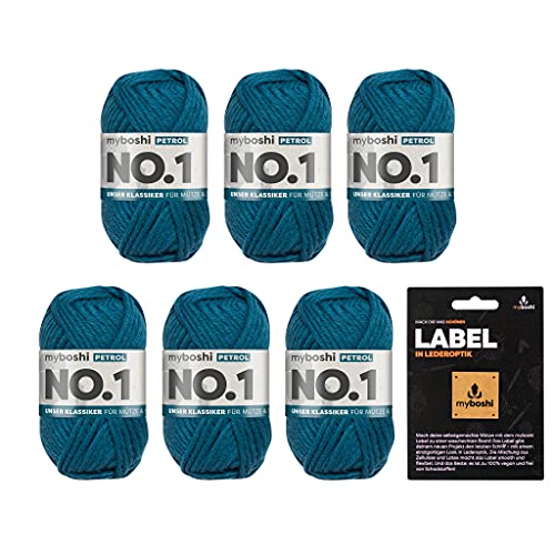 myboshi No.1 Wolle zum Häkeln und Stricken, Schnellstrickgarn, inkl. Label, Strickwolle, Häkelwolle, mulesing-frei, Ll. 55m /50g, 30% Wolle (Merinowolle) Blau (Petrol) 6 Knäuel von myboshi