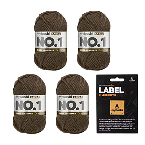 myboshi No.1 Wolle zum Häkeln und Stricken, Schnellstrickgarn, inkl. Label, Strickwolle, Häkelwolle, mulesing-frei, Ll. 55m /50g, 30% Wolle (Merinowolle) Braun (Kakao), 4 Knäuel von myboshi