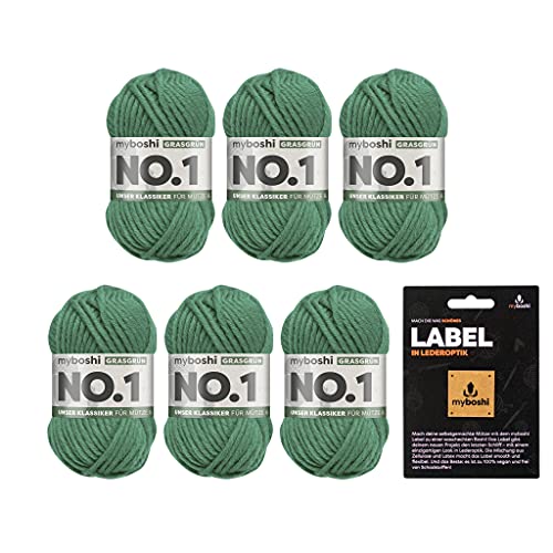 myboshi No.1 Wolle zum Häkeln und Stricken, Schnellstrickgarn, inkl. Label, Strickwolle, Häkelwolle, mulesing-frei, Ll. 55m /50g, 30% Wolle (Merinowolle) Grün (Grasgrün), 6 Knäuel von myboshi