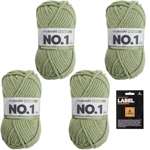 myboshi No.1 Wolle zum Häkeln und Stricken, Schnellstrickgarn, inkl. Label, Strickwolle, Häkelwolle, mulesing-frei, Ll. 55m /50g, 30% Wolle (Merinowolle) Grün (Pistazie) 4 Knäuel von myboshi