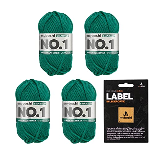 myboshi No.1 Wolle zum Häkeln und Stricken, Schnellstrickgarn, inkl. Label, Strickwolle, Häkelwolle, mulesing-frei, Ll. 55m /50g, 30% Wolle (Merinowolle) Grün (Smaragd), 4 Knäuel von myboshi