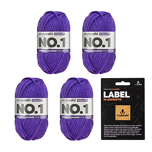 myboshi No.1 Wolle zum Häkeln und Stricken, Schnellstrickgarn, inkl. Label, Strickwolle, Häkelwolle, mulesing-frei, Ll. 55m /50g, 30% Wolle (Merinowolle) Lila (Violett), 4 Knäuel von myboshi