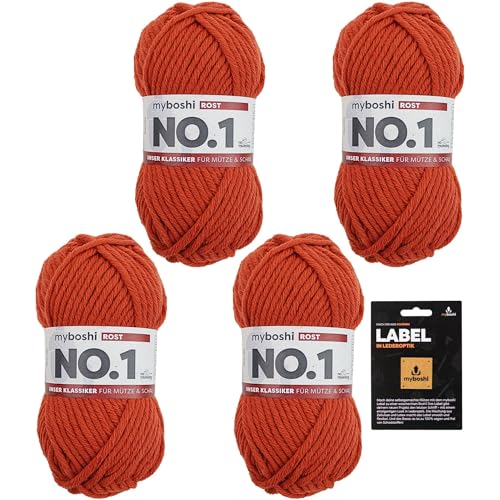 myboshi No.1 Wolle zum Häkeln und Stricken, Schnellstrickgarn, inkl. Label, Strickwolle, Häkelwolle, mulesing-frei, Ll. 55m /50g, 30% Wolle (Merinowolle) Orange (Rost) 4 Knäuel von myboshi