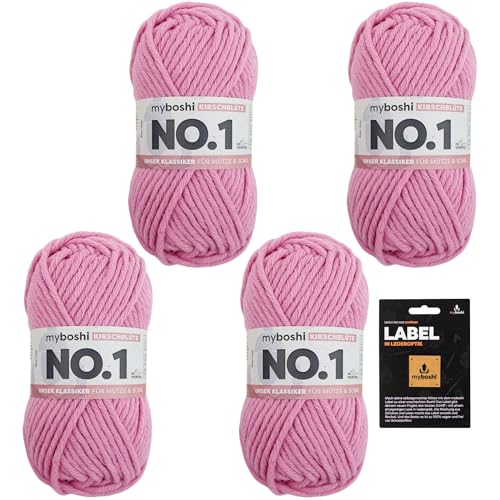 myboshi No.1 Wolle zum Häkeln und Stricken, Schnellstrickgarn, inkl. Label, Strickwolle, Häkelwolle, mulesing-frei, Ll. 55m /50g, 30% Wolle (Merinowolle) Rosa (Kirschblüte) 4 Knäuel von myboshi