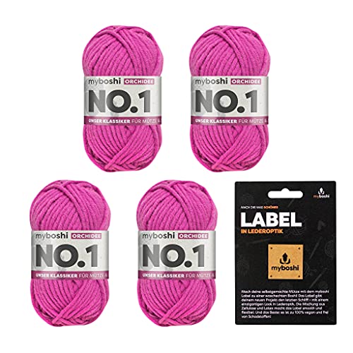 myboshi No.1 Wolle zum Häkeln und Stricken, Schnellstrickgarn, inkl. Label, Strickwolle, Häkelwolle, mulesing-frei, Ll. 55m /50g, 30% Wolle (Merinowolle) Rosa (Orchidee), 4 Knäuel von myboshi
