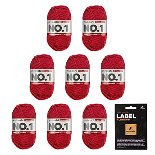 myboshi No.1 Wolle zum Häkeln und Stricken, Schnellstrickgarn, inkl. Label, Strickwolle, Häkelwolle, mulesing-frei, Ll. 55m /50g, 30% Wolle (Merinowolle) Rot (Chillirot), 8 Knäuel von myboshi