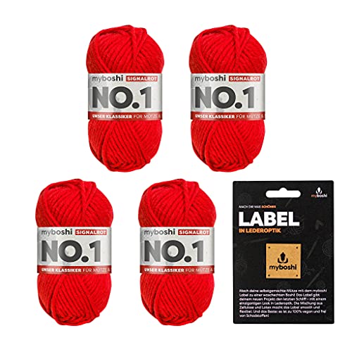 myboshi No.1 Wolle zum Häkeln und Stricken, Schnellstrickgarn, inkl. Label, Strickwolle, Häkelwolle, mulesing-frei, Ll. 55m /50g, 30% Wolle (Merinowolle) Rot (Signalrot), 4 Knäuel von myboshi