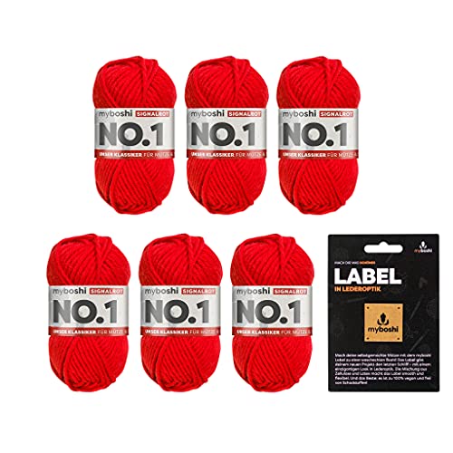 myboshi No.1 Wolle zum Häkeln und Stricken, Schnellstrickgarn, inkl. Label, Strickwolle, Häkelwolle, mulesing-frei, Ll. 55m /50g, 30% Wolle (Merinowolle) Rot (Signalrot), 6 Knäuel von myboshi