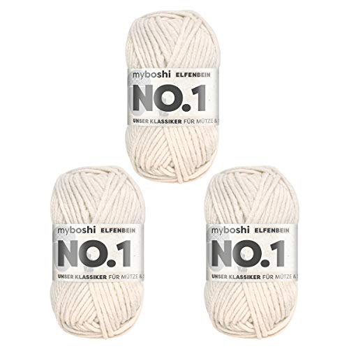 myboshi No.1 Wolle zum Häkeln und Stricken, Schnellstrickgarn, langlebige Mützenwolle, Strickwolle, Häkelwolle, mulesing-frei, 50g, Ll 55m Beige (Elfenbein) 3 Knäuel von myboshi