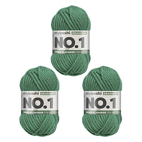 myboshi No.1-Wolle zum Häkeln und Stricken, Schnellstrickgarn, langlebige Mützenwolle, Mulesing-frei, 50g, Ll 55m Grün (Grasgrün) 3 Knäuel von myboshi