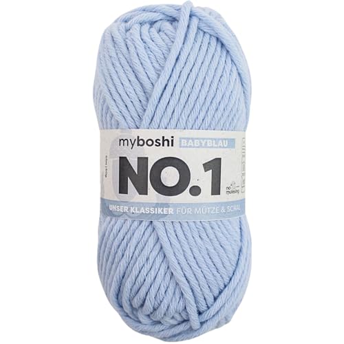 myboshi No.1 Wolle zum Häkeln und Stricken, Schnellstrickgarn, langlebige Mützenwolle, Strickwolle, Häkelwolle, mulesing-frei, 50g, Ll 55m Blau (Babyblau), 1 Knäuel von myboshi