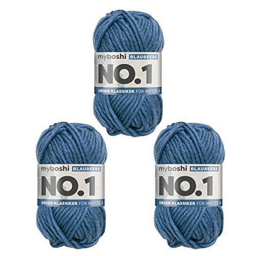 myboshi No.1 Wolle zum Häkeln und Stricken, Schnellstrickgarn, langlebige Mützenwolle, Strickwolle, Häkelwolle, mulesing-frei, 50g, Ll 55m Blau (Blaubeere) 3 Knäuel von myboshi