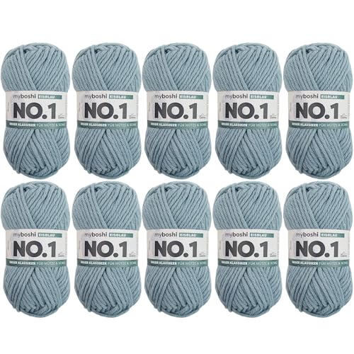 myboshi No.1 Wolle zum Häkeln und Stricken, Schnellstrickgarn, langlebige Mützenwolle, Strickwolle, Häkelwolle, mulesing-frei, 50g, Ll 55m Blau (Eisblau), 10 Knäuel von myboshi