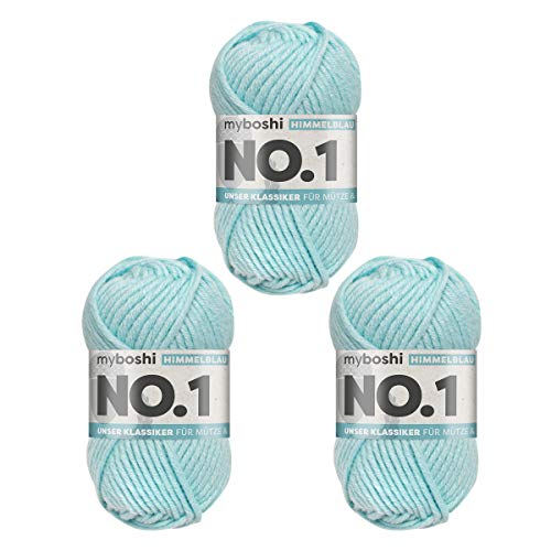 myboshi No.1 Wolle zum Häkeln und Stricken, Schnellstrickgarn, langlebige Mützenwolle, Strickwolle, Häkelwolle, mulesing-frei, 50g, Ll 55m Blau (Himmelblau) 3 Knäuel von myboshi