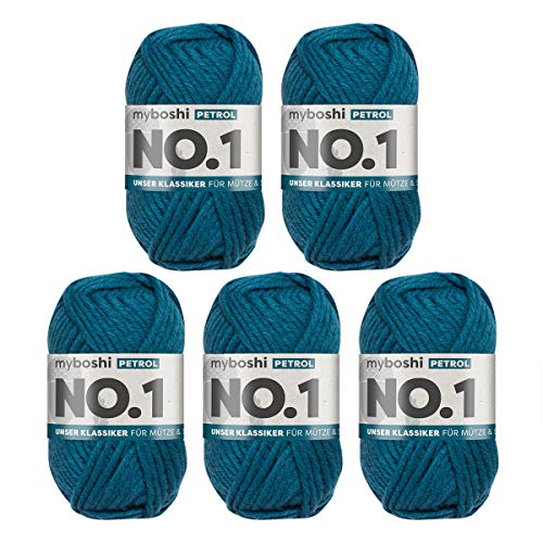 myboshi No.1 Wolle zum Häkeln und Stricken, Schnellstrickgarn, langlebige Mützenwolle, Strickwolle, Häkelwolle, mulesing-frei, 50g, Ll 55m Blau (Petrol) 5 Knäuel von myboshi