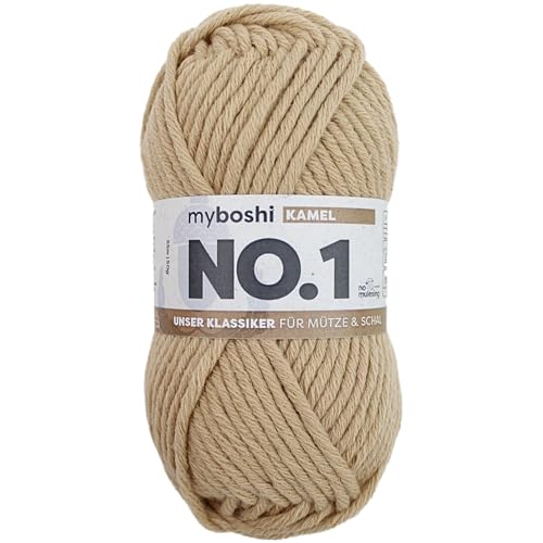 myboshi No.1 Wolle zum Häkeln und Stricken, Schnellstrickgarn, langlebige Mützenwolle, Strickwolle, Häkelwolle, mulesing-frei, 50g, Ll 55m Braun (Kamel), 1 Knäuel von myboshi