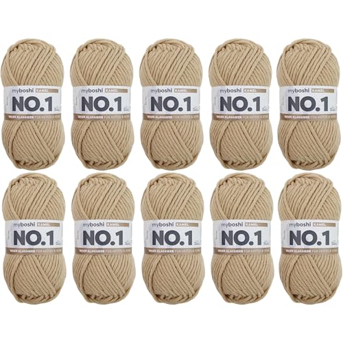 myboshi No.1 Wolle zum Häkeln und Stricken, Schnellstrickgarn, langlebige Mützenwolle, Strickwolle, Häkelwolle, mulesing-frei, 50g, Ll 55m Braun (Kamel), 10 Knäuel von myboshi