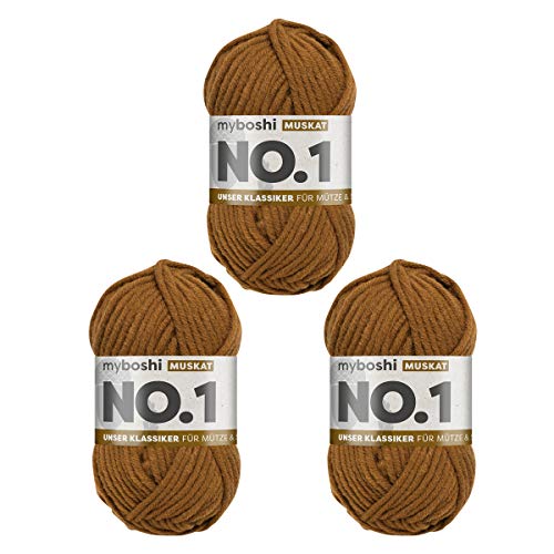 myboshi No.1 Wolle zum Häkeln und Stricken, Schnellstrickgarn, langlebige Mützenwolle, Strickwolle, Häkelwolle, mulesing-frei, 50g, Ll 55m Braun (Muskat) 3 Knäuel von myboshi