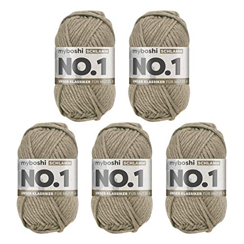 myboshi No.1 Wolle zum Häkeln und Stricken, Schnellstrickgarn, langlebige Mützenwolle, Strickwolle, Häkelwolle, mulesing-frei, 50g, Ll 55m Braun (Schlamm) 5 Knäuel von myboshi