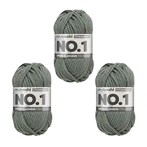 myboshi No.1 Wolle zum Häkeln und Stricken, Schnellstrickgarn, langlebige Mützenwolle, Strickwolle, Häkelwolle, mulesing-frei, 50g, Ll 55m Grau (Titangrau) 3 Knäuel von myboshi