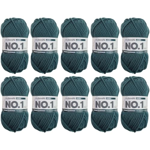 myboshi No.1 Wolle zum Häkeln und Stricken, Schnellstrickgarn, langlebige Mützenwolle, Strickwolle, Häkelwolle, mulesing-frei, 50g, Ll 55m Grün (Jade), 10 Knäuel von myboshi