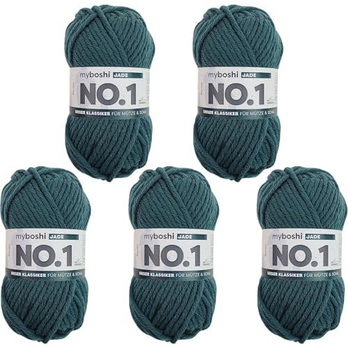 myboshi No.1 Wolle zum Häkeln und Stricken, Schnellstrickgarn, langlebige Mützenwolle, Strickwolle, Häkelwolle, mulesing-frei, 50g, Ll 55m Grün (Jade) 5 Knäuel von myboshi