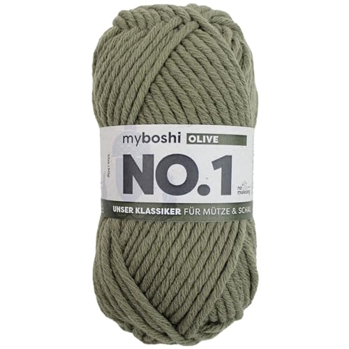 myboshi No.1 Wolle zum Häkeln und Stricken, Schnellstrickgarn, langlebige Mützenwolle, Strickwolle, Häkelwolle, mulesing-frei, 50g, Ll 55m Grün (Olive), 1 Knäuel von myboshi