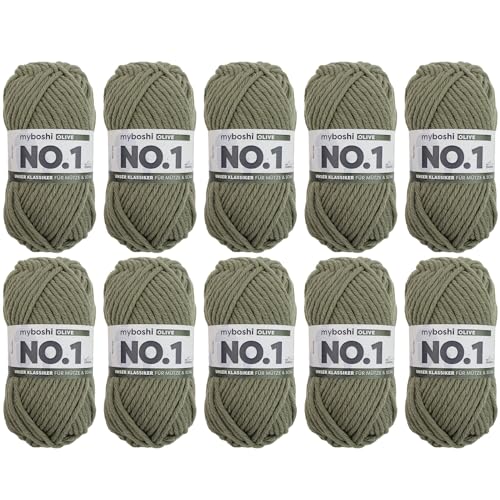 myboshi No.1 Wolle zum Häkeln und Stricken, Schnellstrickgarn, langlebige Mützenwolle, Strickwolle, Häkelwolle, mulesing-frei, 50g, Ll 55m Grün (Olive), 10 Knäuel von myboshi