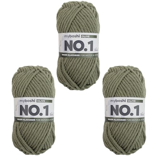 myboshi No.1 Wolle zum Häkeln und Stricken, Schnellstrickgarn, langlebige Mützenwolle, Strickwolle, Häkelwolle, mulesing-frei, 50g, Ll 55m Grün (Olive) 3 Knäuel von myboshi