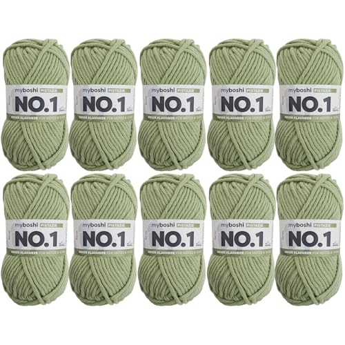 myboshi No.1 Wolle zum Häkeln und Stricken, Schnellstrickgarn, langlebige Mützenwolle, Strickwolle, Häkelwolle, mulesing-frei, 50g, Ll 55m Grün (Pistazie), 10 Knäuel von myboshi
