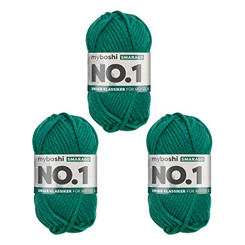 myboshi No.1 Wolle zum Häkeln und Stricken, Schnellstrickgarn, langlebige Mützenwolle, Strickwolle, Häkelwolle, mulesing-frei, 50g, Ll 55m Grün (Smaragd) 3 Knäuel von myboshi