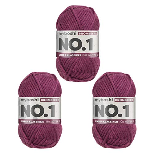 myboshi No.1 Wolle zum Häkeln und Stricken, Schnellstrickgarn, langlebige Mützenwolle, Strickwolle, Häkelwolle, mulesing-frei, 50g, Ll 55m Lila (Brombeere) 3 Knäuel von myboshi