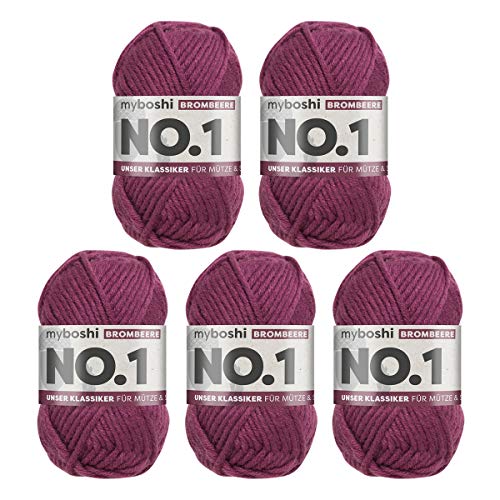 myboshi No.1 Wolle zum Häkeln und Stricken, Schnellstrickgarn, langlebige Mützenwolle, Strickwolle, Häkelwolle, mulesing-frei, 50g, Ll 55m Lila (Brombeere) 5 Knäuel von myboshi