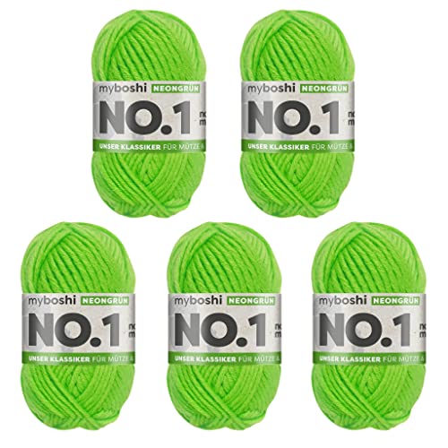 myboshi No.1 Wolle zum Häkeln und Stricken, Schnellstrickgarn, langlebige Mützenwolle, Strickwolle, Häkelwolle, mulesing-frei, 50g, Ll 55m Neongrün 5 Knäuel von myboshi