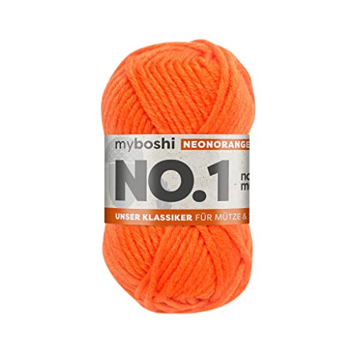 myboshi No.1 Wolle zum Häkeln und Stricken, Schnellstrickgarn, langlebige Mützenwolle, Strickwolle, Häkelwolle, mulesing-frei, 50g, Ll 55m Neonorange, 1 Knäuel von myboshi