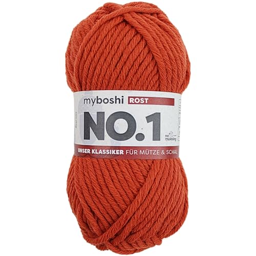 myboshi No.1 Wolle zum Häkeln und Stricken, Schnellstrickgarn, langlebige Mützenwolle, Strickwolle, Häkelwolle, mulesing-frei, 50g, Ll 55m Orange (Rost), 1 Knäuel von myboshi