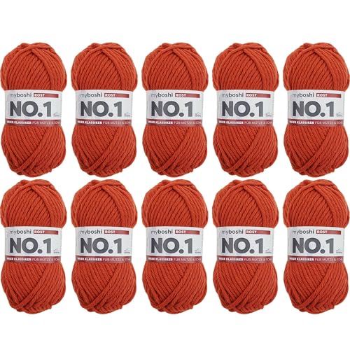 myboshi No.1 Wolle zum Häkeln und Stricken, Schnellstrickgarn, langlebige Mützenwolle, Strickwolle, Häkelwolle, mulesing-frei, 50g, Ll 55m Orange (Rost), 10 Knäuel von myboshi