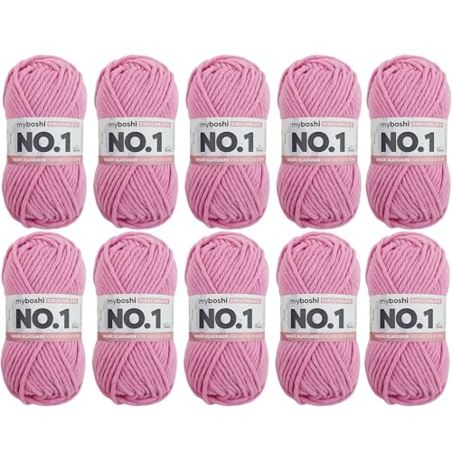 myboshi No.1 Wolle zum Häkeln und Stricken, Schnellstrickgarn, langlebige Mützenwolle, Strickwolle, Häkelwolle, mulesing-frei, 50g, Ll 55m Rosa (Kirschblüte), 10 Knäuel von myboshi
