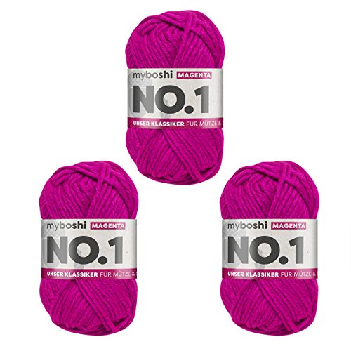 myboshi No.1 Wolle zum Häkeln und Stricken, Schnellstrickgarn, langlebige Mützenwolle, Strickwolle, Häkelwolle, mulesing-frei, 50g, Ll 55m Rosa (Magenta) 3 Knäuel von myboshi