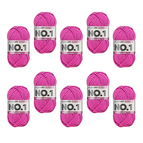 myboshi No.1 Wolle zum Häkeln und Stricken, Schnellstrickgarn, langlebige Mützenwolle, Strickwolle, Häkelwolle, mulesing-frei, 50g, Ll 55m Rosa (Orchidee) 10 Knäuel von myboshi