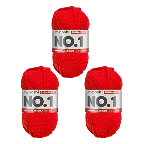 myboshi No.1 Wolle zum Häkeln und Stricken, Schnellstrickgarn, langlebige Mützenwolle, Strickwolle, Häkelwolle, mulesing-frei, 50g, Ll 55m Rot (Signalrot) 3 Knäuel von myboshi