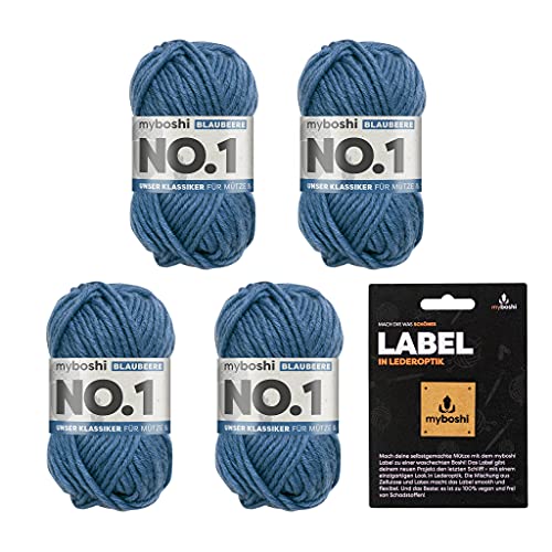 myboshi No.1 Wolle zum Häkeln und Stricken, Schnellstrickgarn, inkl. Label, Strickwolle, Häkelwolle, mulesing-frei, Ll. 55m /50g, 30% Wolle (Merinowolle) Blau (Blaubeere), 4 Knäuel von myboshi