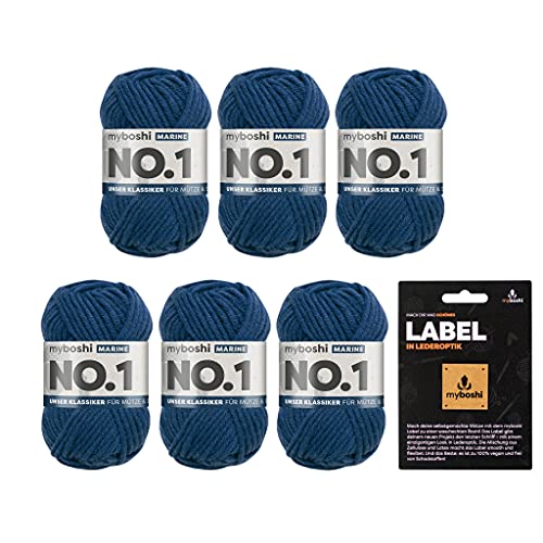 myboshi No.1 Wolle zum Häkeln und Stricken, Schnellstrickgarn, langlebige Mützenwolle, Strickwolle, Häkelwolle, mulesing-frei, Ll. 55m /50g, 30% Wolle (Merinowolle) Blau (Marine) 6 Knäuel von myboshi