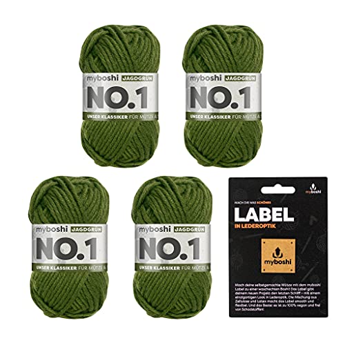 myboshi No.1 Wolle zum Häkeln und Stricken, Schnellstrickgarn, inkl. Label, Strickwolle, Häkelwolle, mulesing-frei, Ll. 55m /50g, 30% Wolle (Merinowolle) Grün (Jagdgrün), 4 Knäuel von myboshi