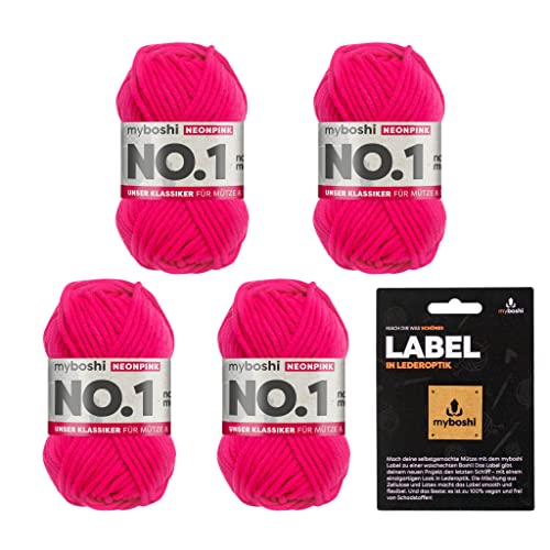 myboshi No.1 Wolle zum Häkeln und Stricken, Schnellstrickgarn, inkl. Label, Strickwolle, Häkelwolle, mulesing-frei, Ll. 55m /50g, 30% Wolle (Merinowolle) Neonpink, 4 Knäuel von myboshi